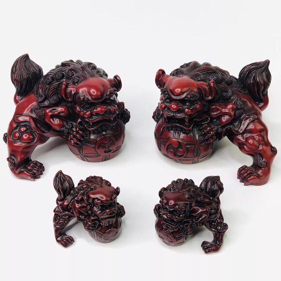 4 Chinese Foo Dogs Blood Red Resin Guardian Male Female Children Figurines Heavy